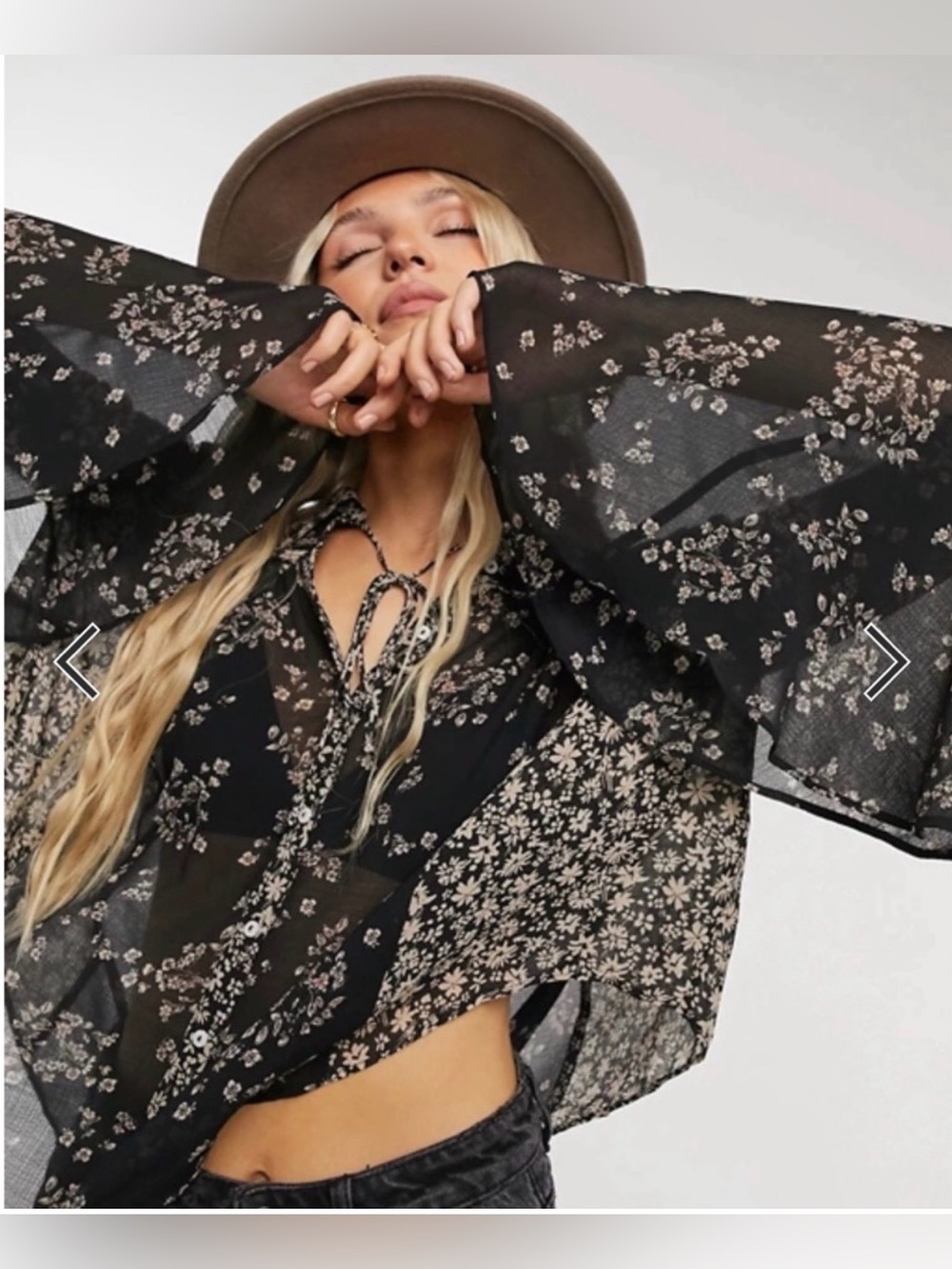 Free People Serena Boho black floral bell sleeve blouse shirt small going out
